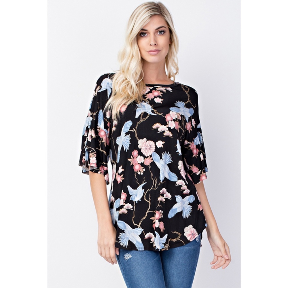 HOST PICK! Floral Bird Tunic Ruffled Bell Sleeves